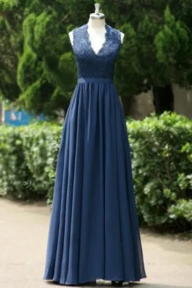 scalloped V neckline navy lace and chiffon sleeveless A line long formal dress