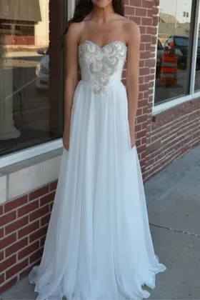Simple white chiffon beaded strapless sweetheart A line long prom dress