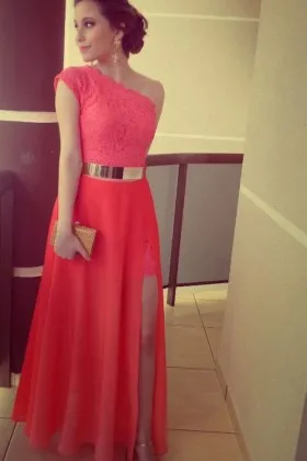 Feminine watermelon lace and chiffon one shoulder split wedding guest prom dress