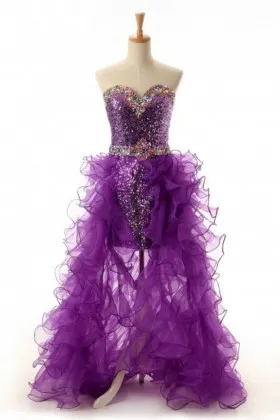 beaded purple sequin and ruffled tulle two piece fashion prom dress