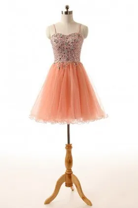 Sparkly beaded sweetheart orange tulle short cocktail dress