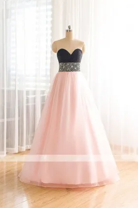 Black and pink two tone beaded strapless sweetheart long ball gown prom dress