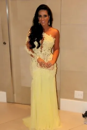 Sexy one shoulder pale yellow lace and tulle illusion prom dress