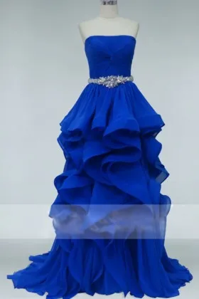 Royal blue strapless beaded flange layered ruffled long prom ball gown