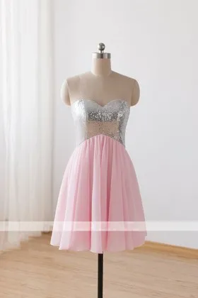 Silver sequin and candy pink chiffon basque waist cute short homecoming dress