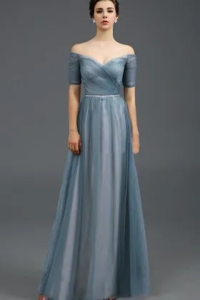 modest off the shoulder tulle short sleeve evening formal gown