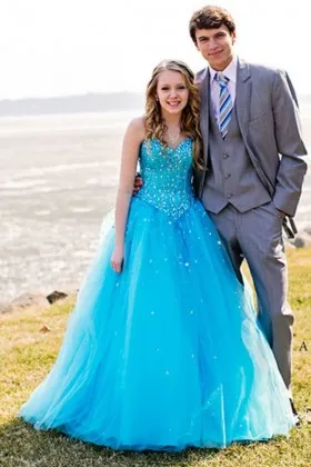 Sparkly diamond crystals pool blue sweetheart basque waist engagement ball gown