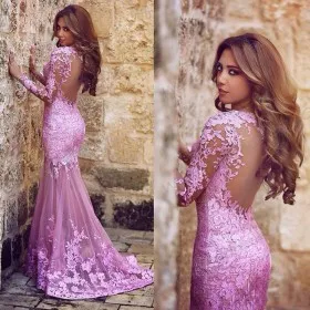 delicate lilac lace long sleeve open back mermaid long evening prom formal dress