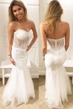 Elaborately white beaded strapless sweetheart illusion mermaid long prom dress
