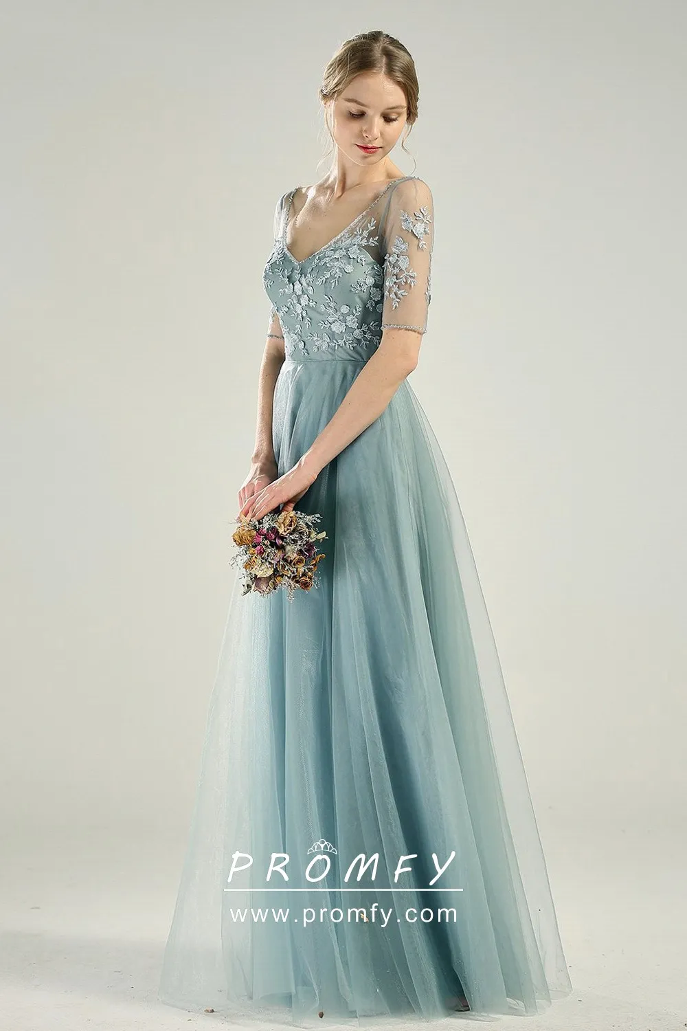 dusty blue lace tulle A line bridesmaid dress dusty blue lace tulle A line bridesmaid dress