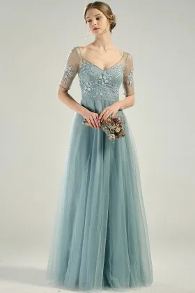 dusty blue lace tulle short sleeve long bridesmaid dress