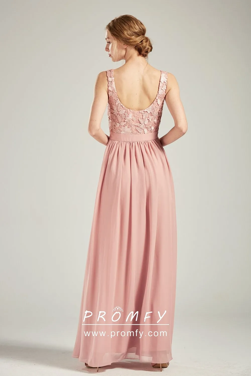 Elegant Blush Lace and Chiffon Long Bridesmaid Dress Promfy