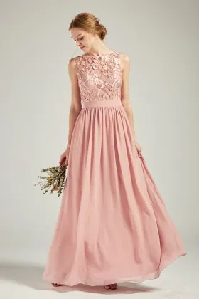 elegant blush lace and chiffon long bridesmaid dress