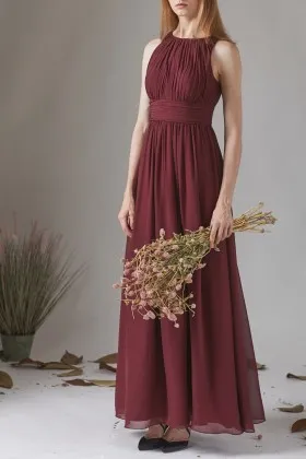 simple dark red ankle length chiffon bridesmaid dress