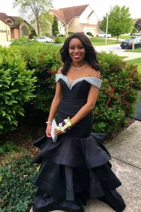 stunning beaded off the shoulder black satin tiered mermaid long prom dress