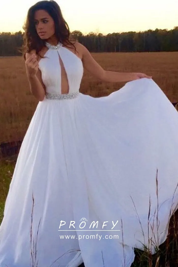 beaded halter neckline white chiffon long prom dress beaded halter neckline white chiffon long prom dress