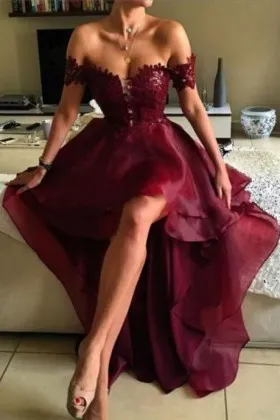 off shoulder burgundy lace and organza high low dress