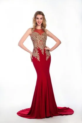 gorgeous ruby spandex with gold lace appliqued mermaid long formal dress