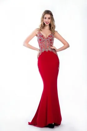 diamond beaded ultra feminine ruby satin V neck mermaid long prom dress