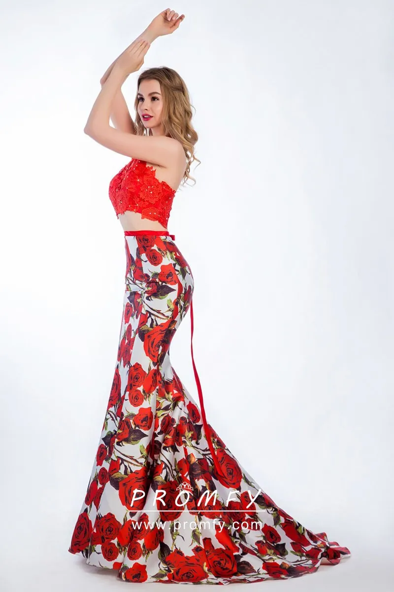 red floral halter dress