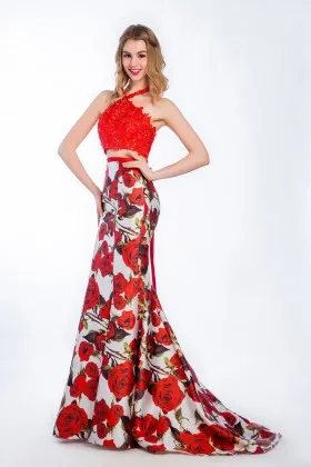 floral printed red halter neckline two piece mermaid long prom gown