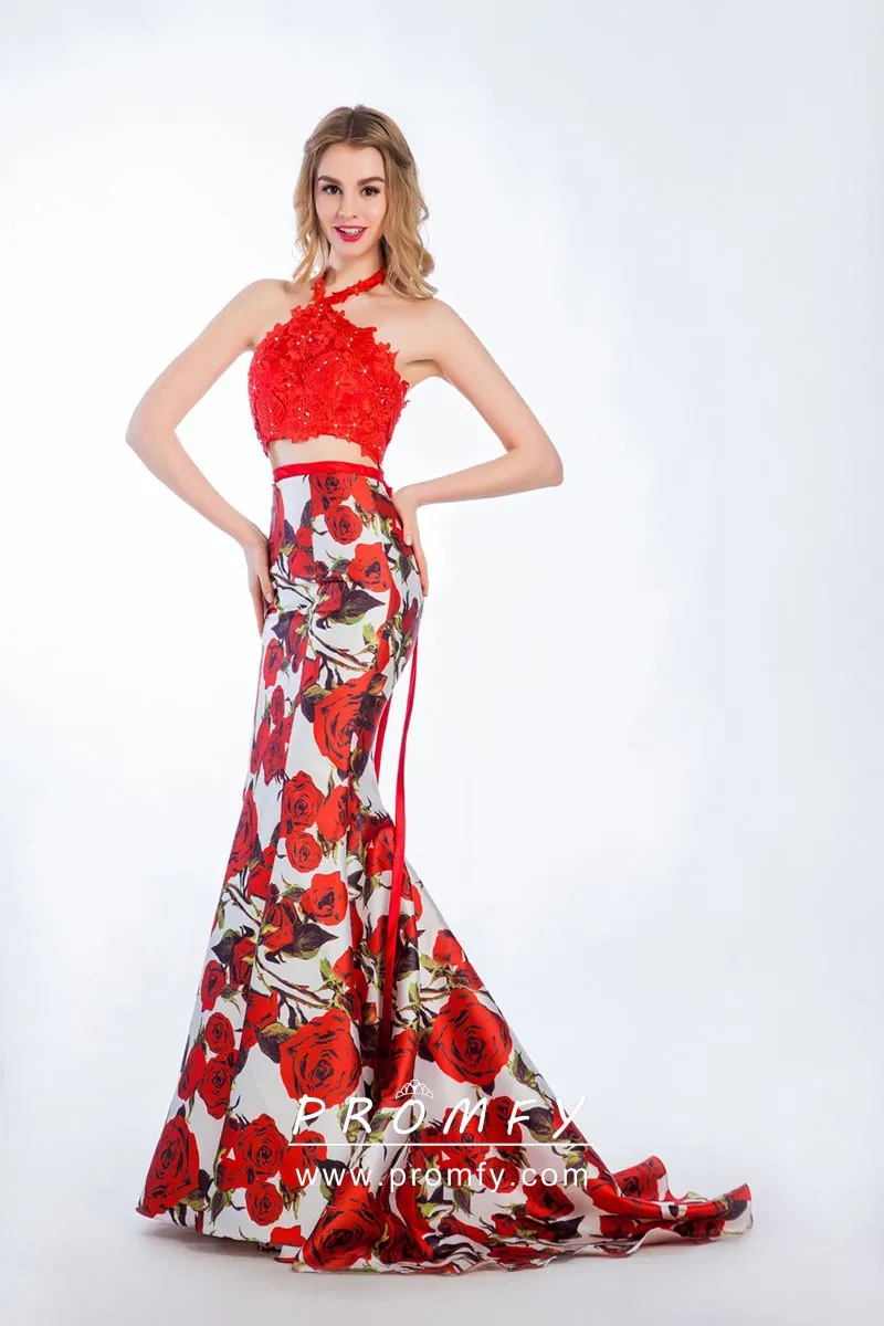 Floral Printed Red Halter Neck Two Piece Prom Gown Promfy