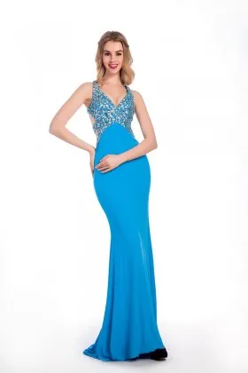 Cool pool blue rhinestone embellished wide straps mermaid long prom dress