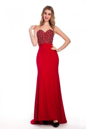 elegant designed beaded strapless sweetheart red satin long prom dress