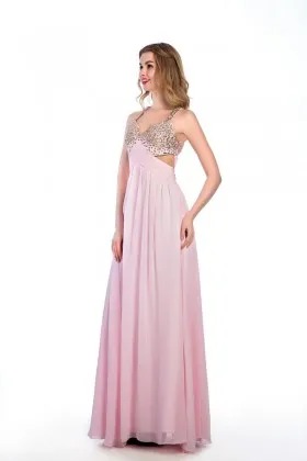 Sweet pink chiffon with sparkly colorful diamond cute long prom dress
