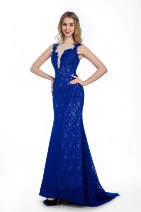 Feminine cobalt blue lace mermaid long evening prom formal gown