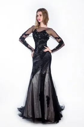 black mermaid long prom dress with lace and tulle overlay illusion long sleeve
