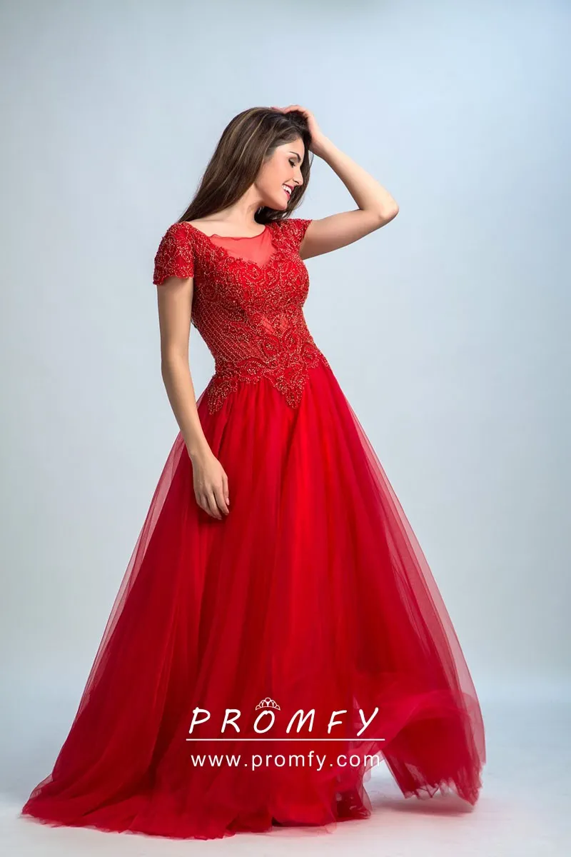 glistening beaded red prom formal dress short sleeve tulle A line silhouette