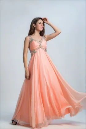 diamond beaded peach prom dress empire waist wide straps A line long gown