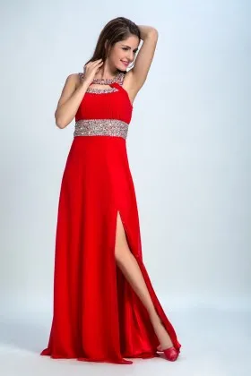 sparkly beaded wide strap red chiffon prom dress with side split A line long skirt