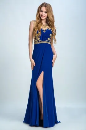 Gold glitter embellished cobalt blue chiffon side split unique prom dress