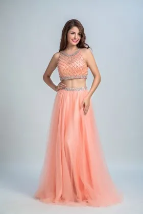 Sparkly glistening beaded two piece peach satin and tulle long prom gown