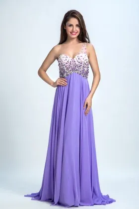 Fancy purple rhinestones one shoulder A line long chiffon prom dress