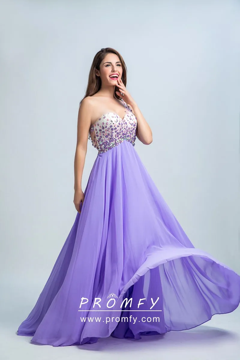 Purple Rhinestones One Shoulder Chiffon Prom Dress - Promfy