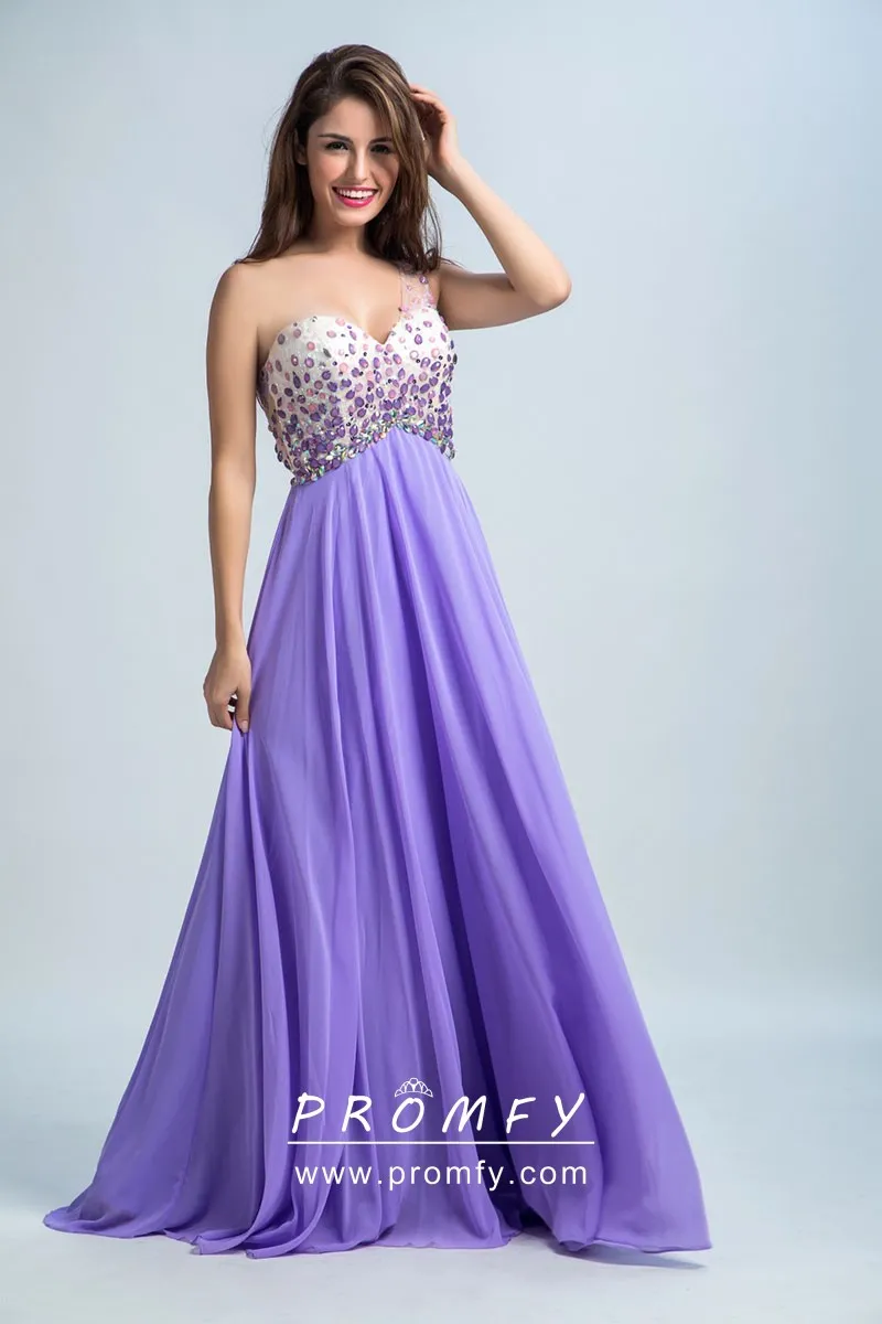 Purple Rhinestones One Shoulder Chiffon Prom Dress - Promfy