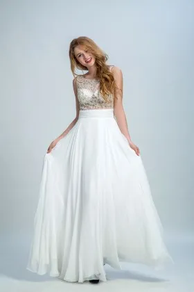 Beaded illusion gridding mesh white chiffon A line long wedding guest dress