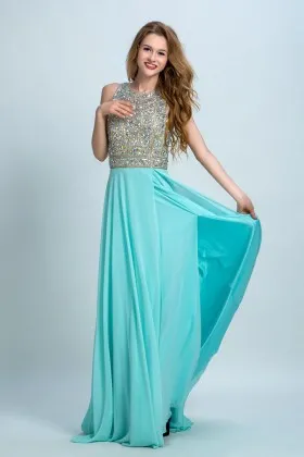 Sparkly crystal beaded turquoise chiffon side split open back long prom dress