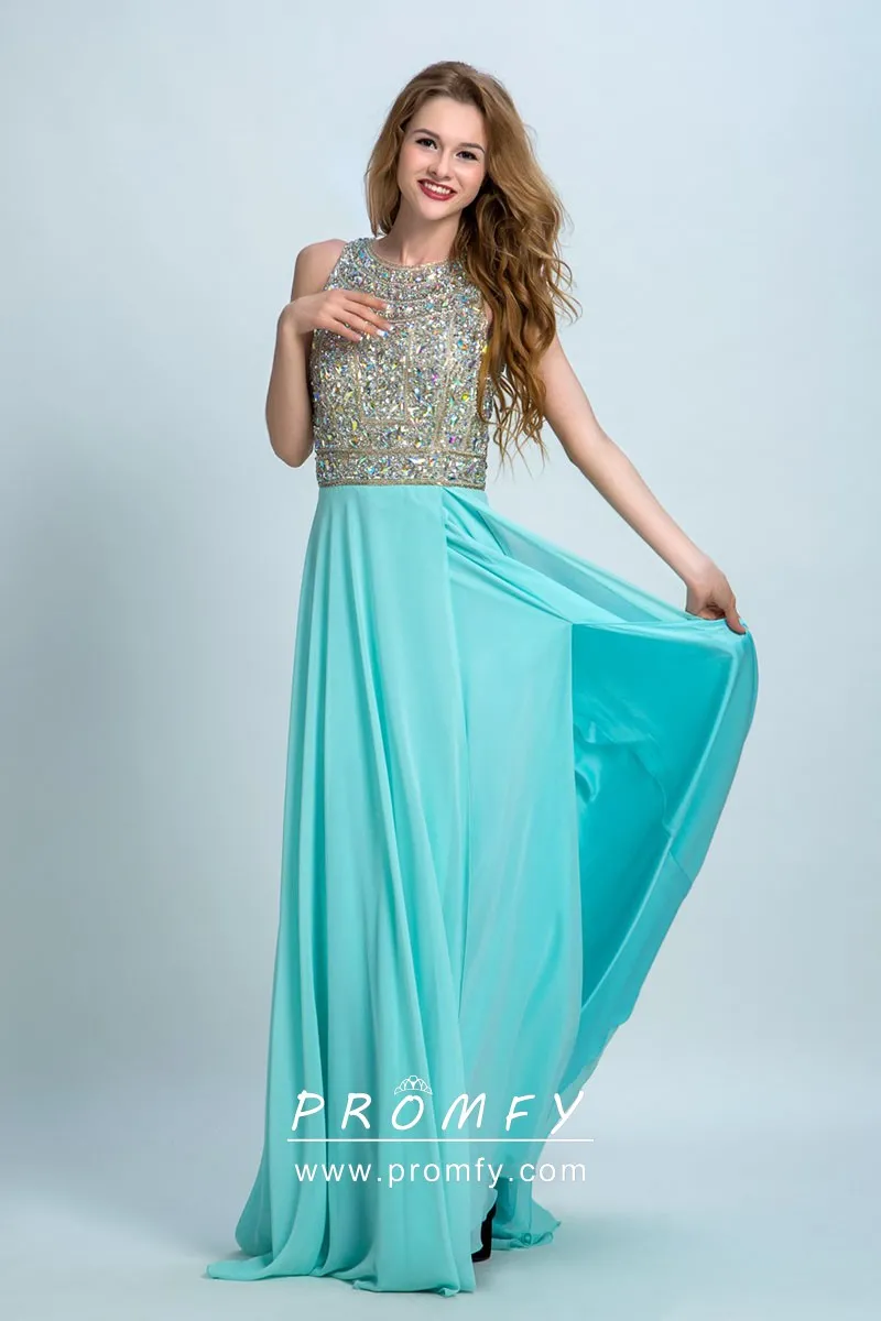 Crystal Beaded Turquoise Chiffon Split 