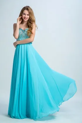 Bedazzled beaded pool blue chiffon strapless sweetheart A line long prom dress