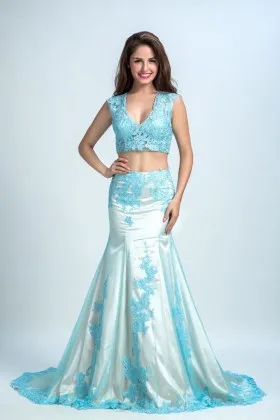 Gorgeous sky blue lace appliqued two piece trumpet floor length prom gown