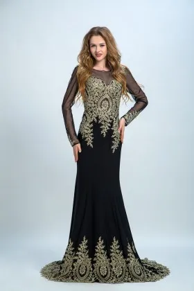 Gold lace appliqued black long sleeve mermaid unusual long prom dress