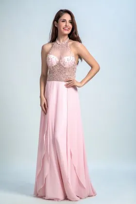 pearl beads illusion halter pink prom dress