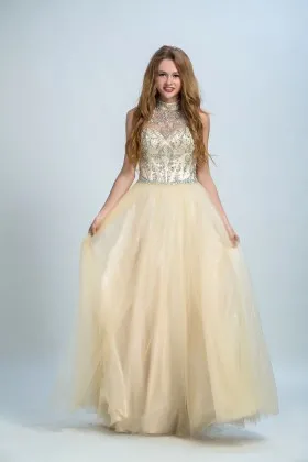 Crystals beaded champagne satin and tulle halter neckline long prom gown