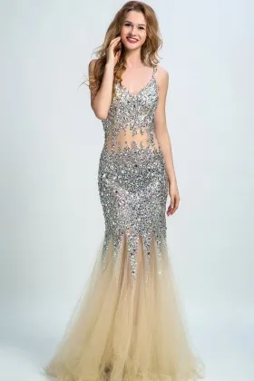 Heavily crystals diamonds beading champagne tulle trumpet long prom dress