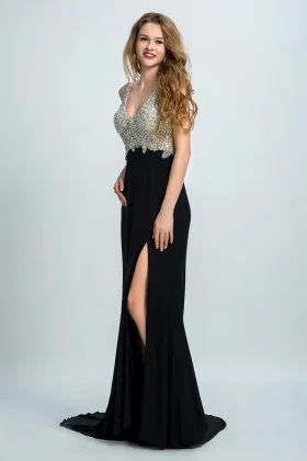 Charming beaded black chiffon split mermaid low back long formal prom dress