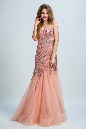 Bedazzled beaded flamingo tulle one shoulder sweetheart mermaid long prom gown